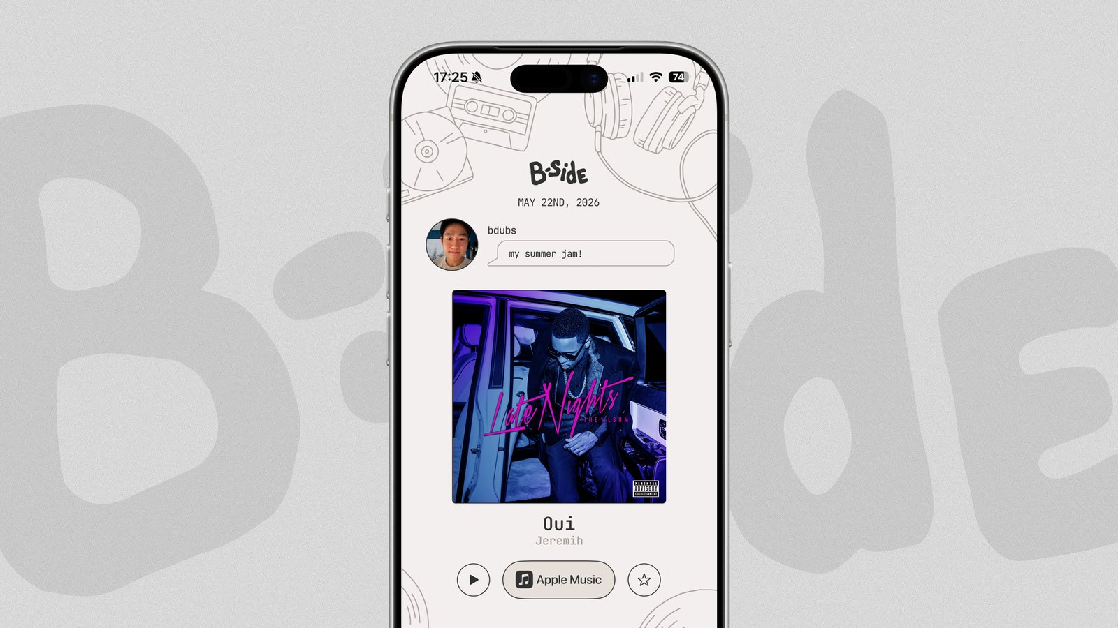 B-Side home page in view with a large B-Side logo in the background