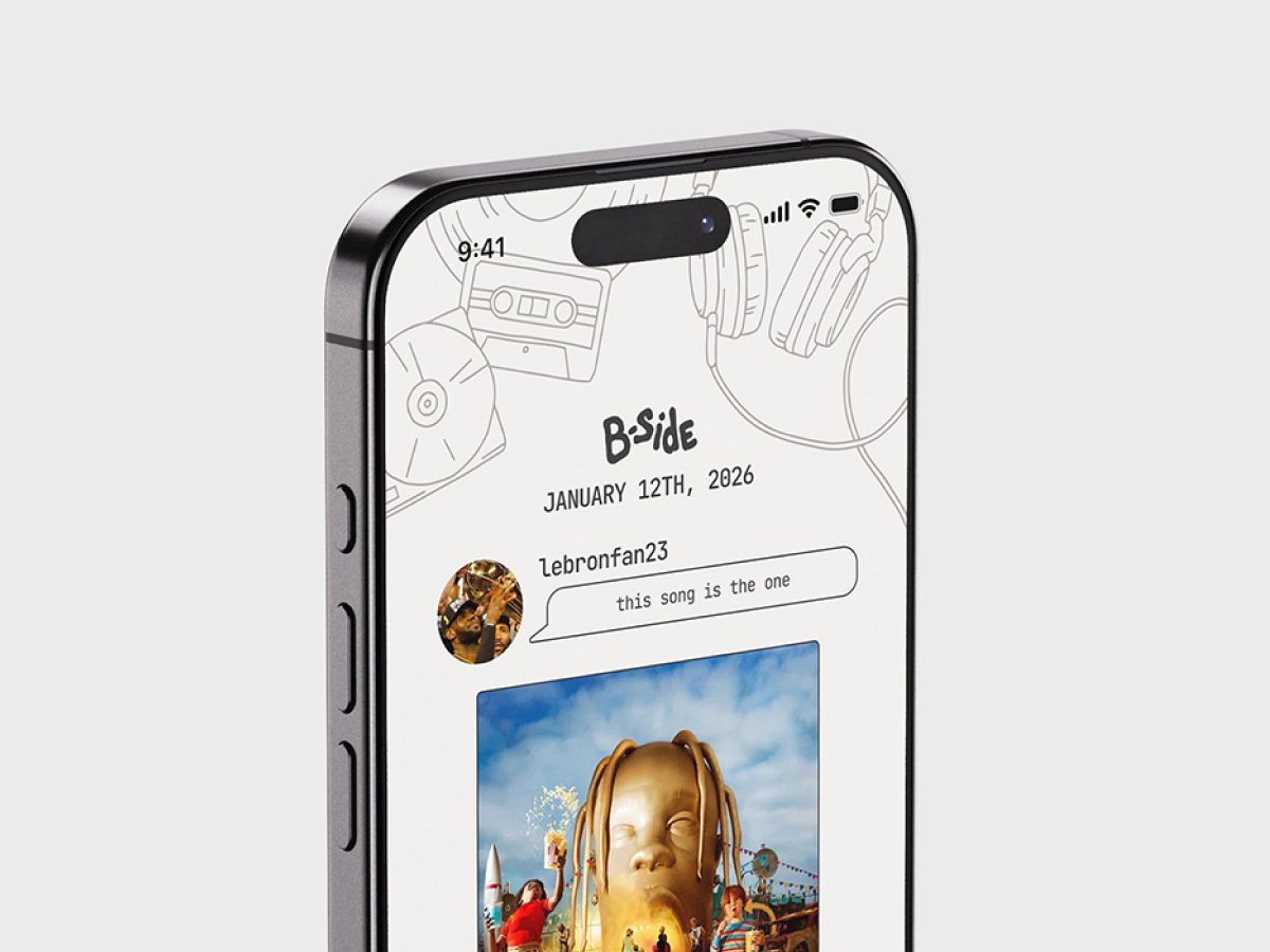 B-Side mobile interface displayed on an iPhone mock-up