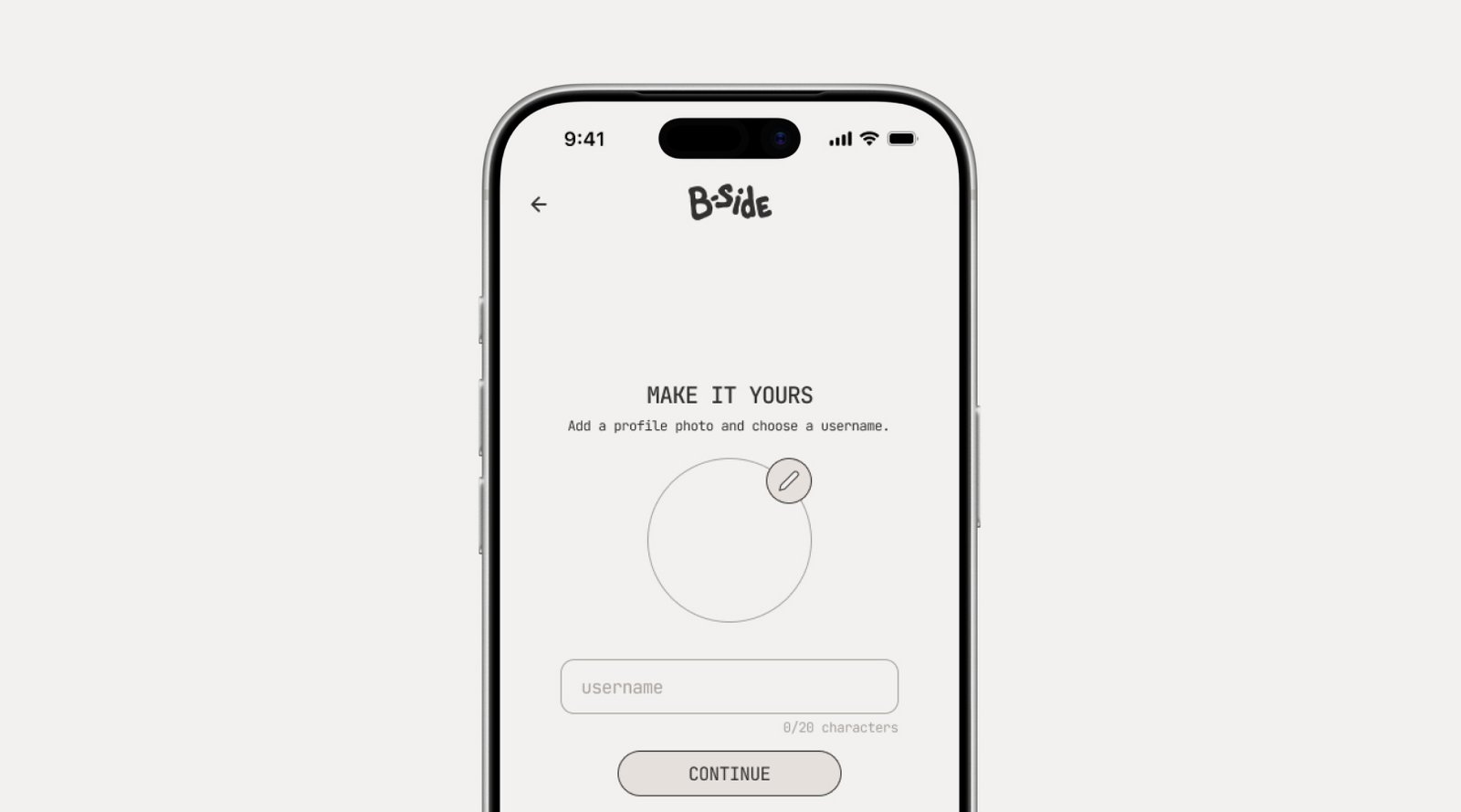 B-Side onboarding page where users can set up a profile with a username and profile picture