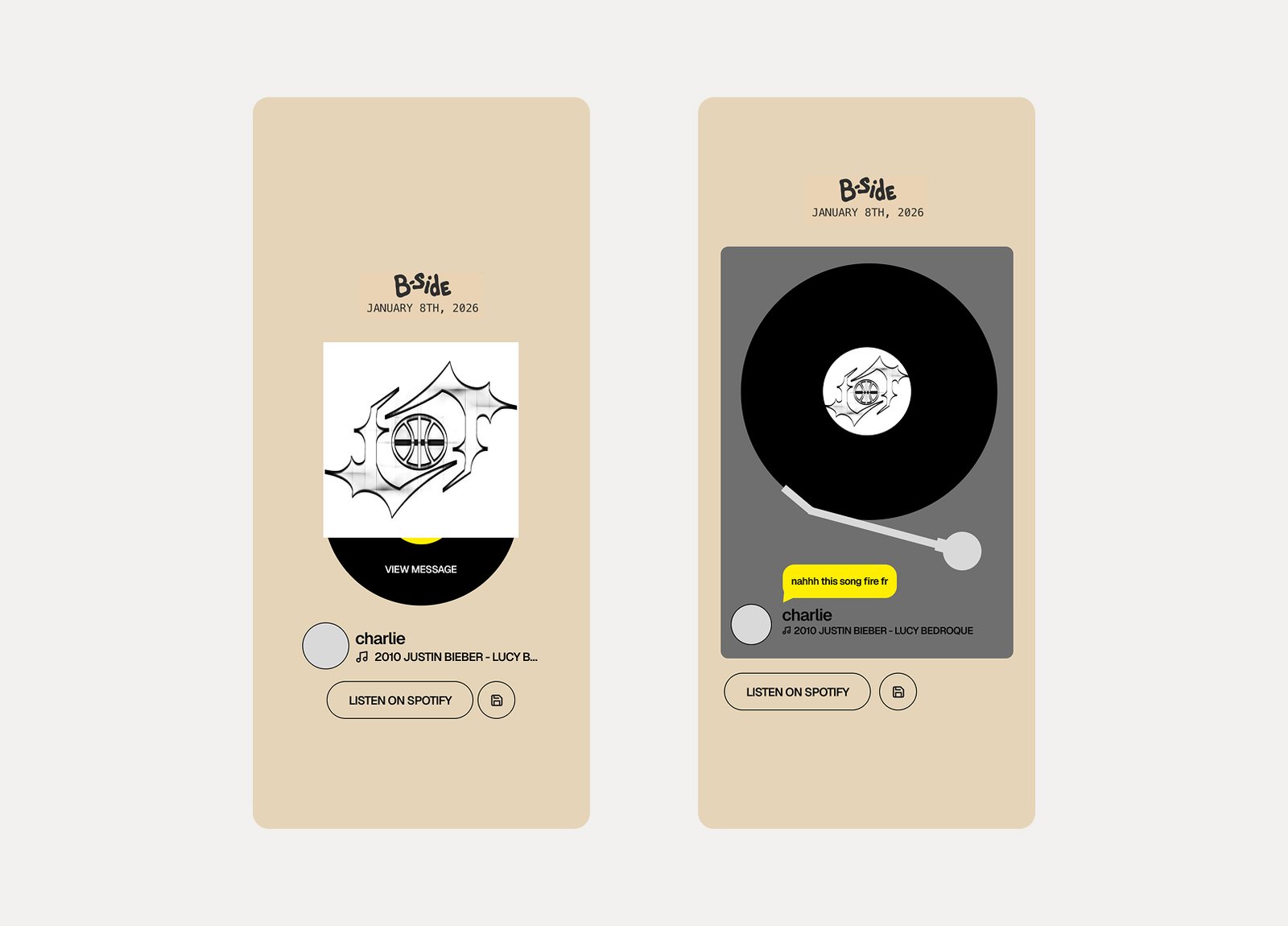Early concept of B-Side home page with a friend sharing a song and a note